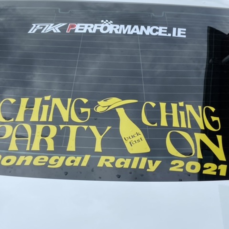 Ching Ching party on donegal rally 2021 sticker windscreen large yellow x1  Ching Ching party on donegal rally 2021 sticker windscreen large yellow x1