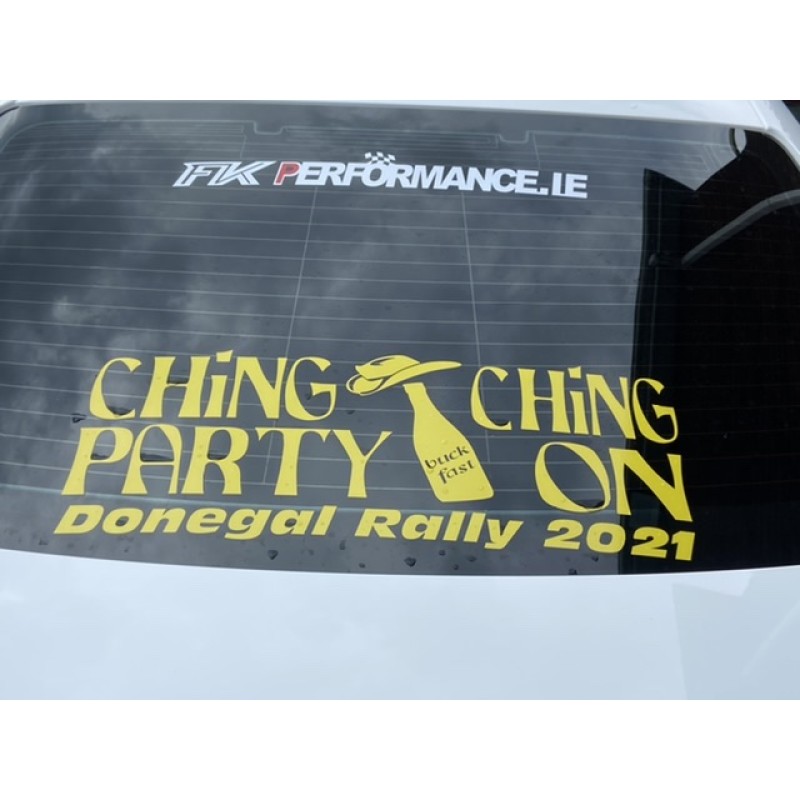 Ching Ching party on donegal rally 2021 sticker windscreen large yellow x1 