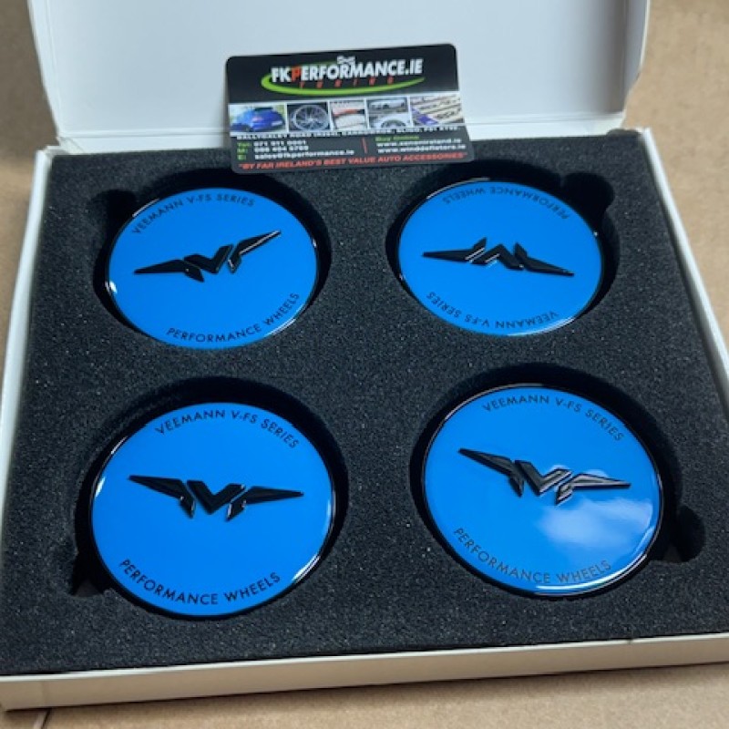 4 x Veemann blue / black 2024 upgrade centre caps   4 x Veemann blue / black 2024 upgrade centre caps