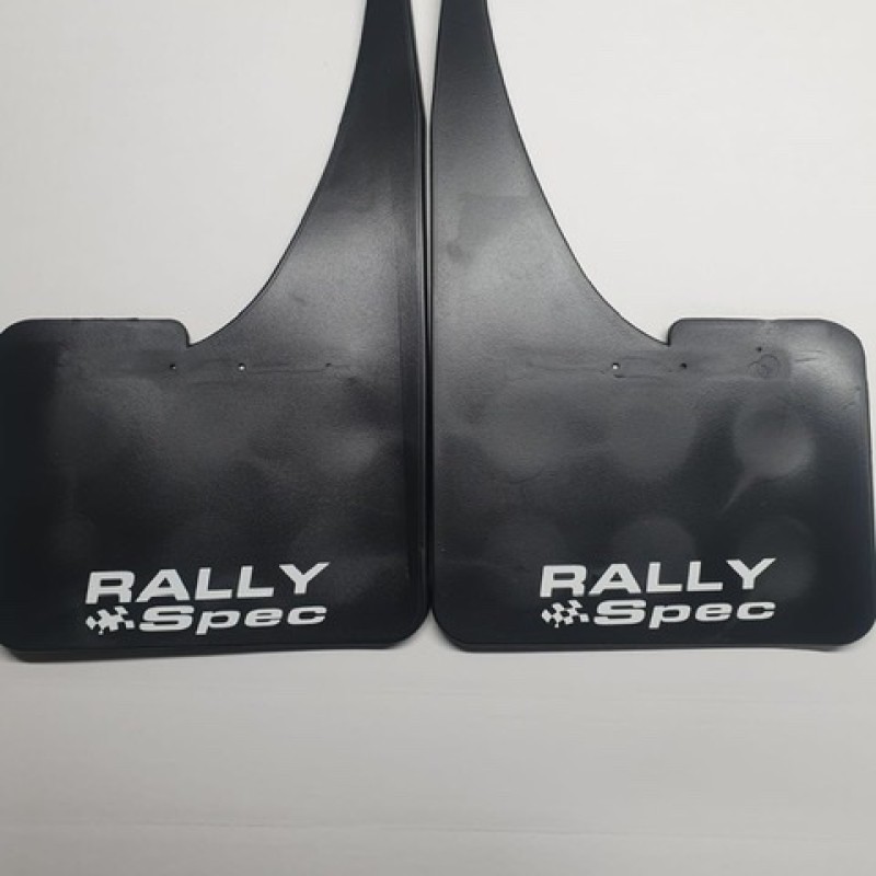 White text Rally spec mudflaps black universal 2 pair 