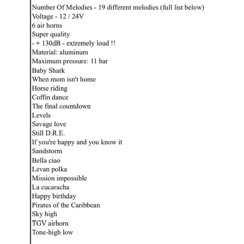 baby shark , sandstorm etc  music horn musical air horn 18 different tunes 24 v & 12 v needs air tank/ line universal to any car, van, tractor truck etc 