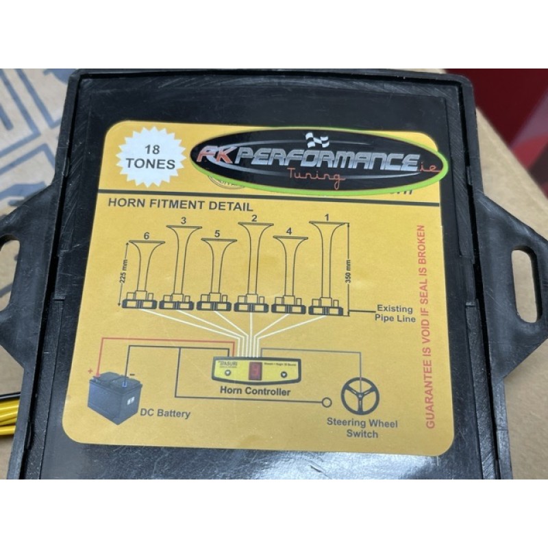 baby shark , sandstorm etc  music horn musical air horn 18 different tunes 24 v & 12 v needs air tank/ line universal to any car, van, tractor truck etc 